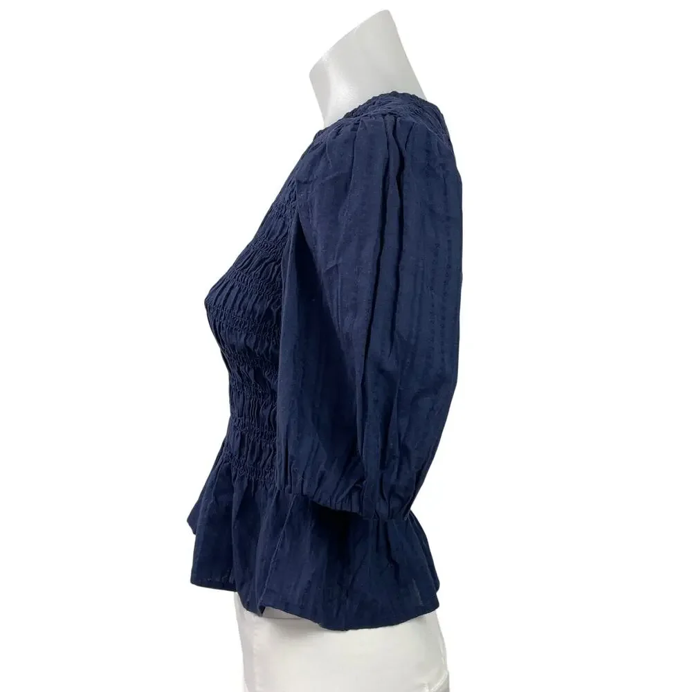 Old Navy Women's Navy Blue Short Puff Sleeve Smocked Peplum Blouse Top Size XS